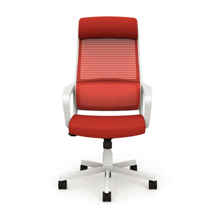 Front-facing view of modern red fabric and white metal adjustable office chair on a white background