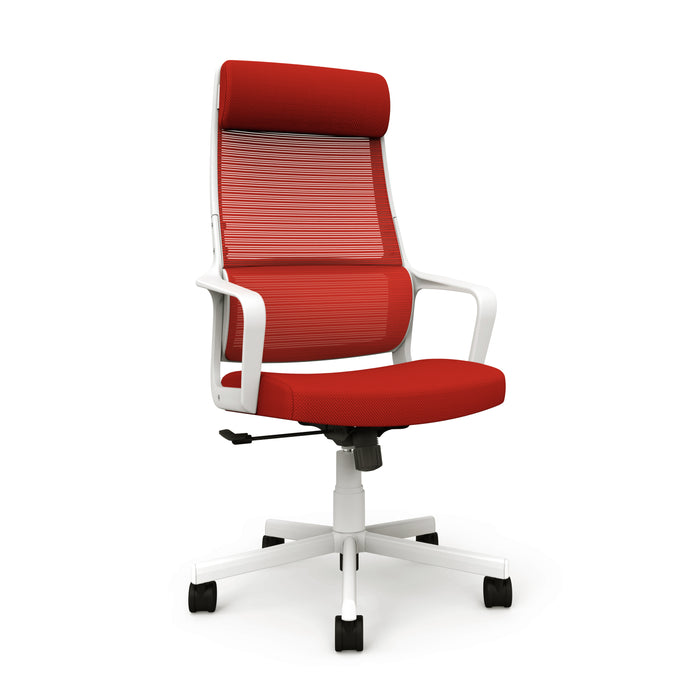 Angled view of modern red fabric and white metal adjustable office chair on a white background