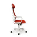 Side-facing view of modern red fabric and white metal adjustable office chair on a white background