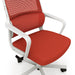 Angled partial front lower view of modern red fabric and white metal adjustable office chair on a white background