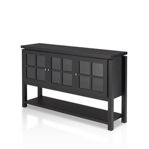 Left-angled black buffet against a white background. The windowpane glass cabinets display a farmhouse style, while the elevated tabletop is a modern look. An open lower shelf also offers more storage for dining essentials or decor.