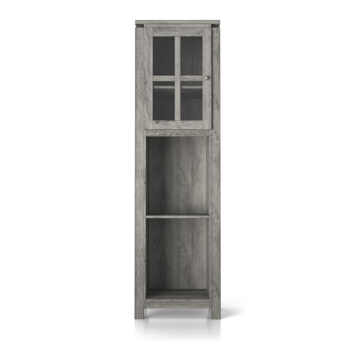 Front-facing vintage gray oak multi-shelf accent bookcase with one door on a white background