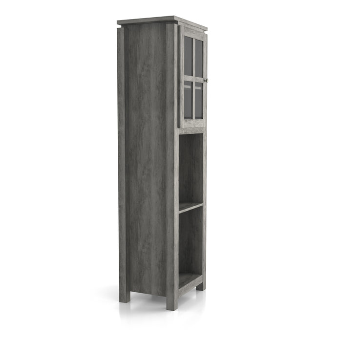 Right angled vintage gray oak multi-shelf accent bookcase with one door on a white background