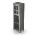 Left angled top view vintage gray oak multi-shelf accent bookcase with one door on a white background
