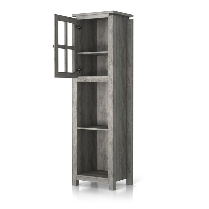 Left angled vintage gray oak multi-shelf accent bookcase with one door open on a white background