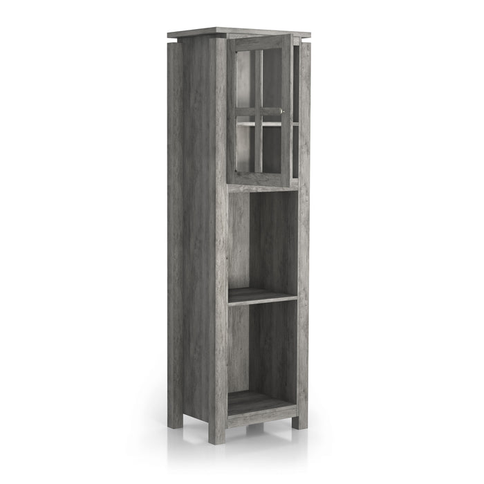 Right angled vintage gray oak multi-shelf accent bookcase with one door open on a white background