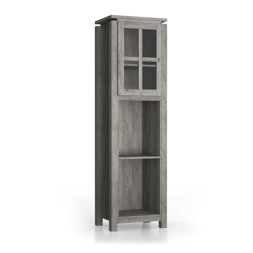 Right angled vintage gray oak multi-shelf accent bookcase with one door on a white background