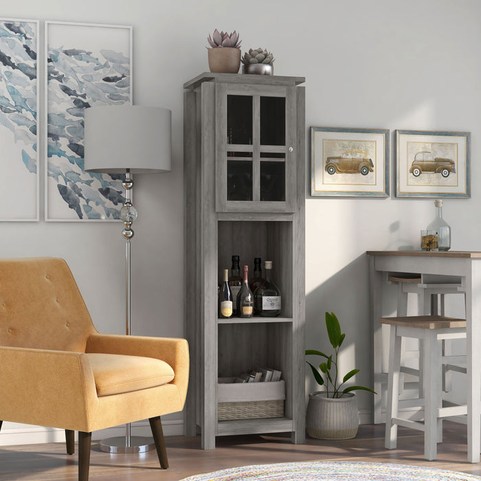 Right angled vintage gray oak multi-shelf accent bookcase with one door in a living room with accessories