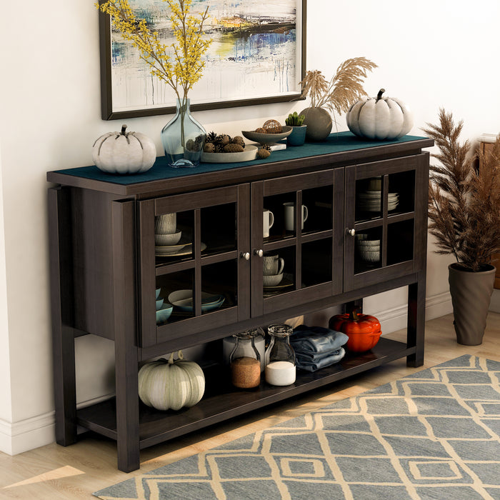 Right-angled walnut buffet in a dining room. The windowpane glass cabinets display plates and cups, while the elevated tabletop and open lower shelf are adorned with fall pumpkin and pinecone decor.