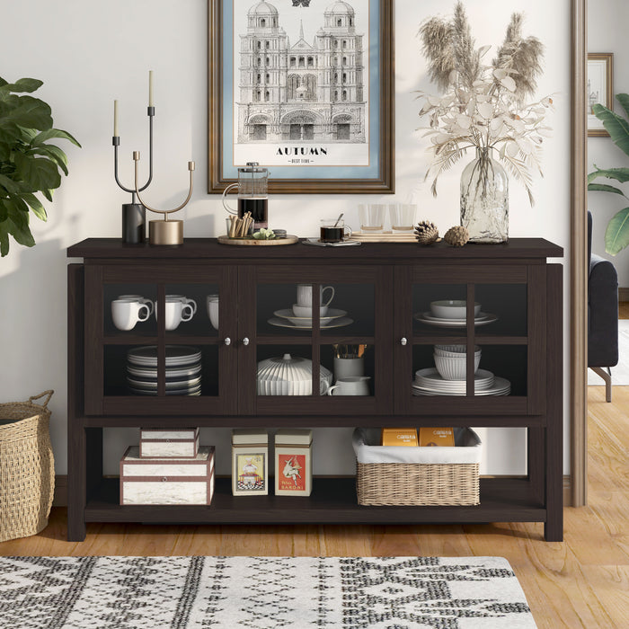 Left-angled walnut buffet against a white background. The windowpane glass cabinets display a traditional style, while the elevated tabletop is a modern look. An open lower shelf also offers more storage for dining essentials or decor.