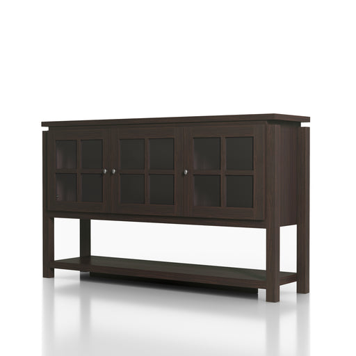 Left-angled walnut buffet against a white background. The windowpane glass cabinets display a traditional style, while the elevated tabletop is a modern look. An open lower shelf also offers more storage for dining essentials or decor.