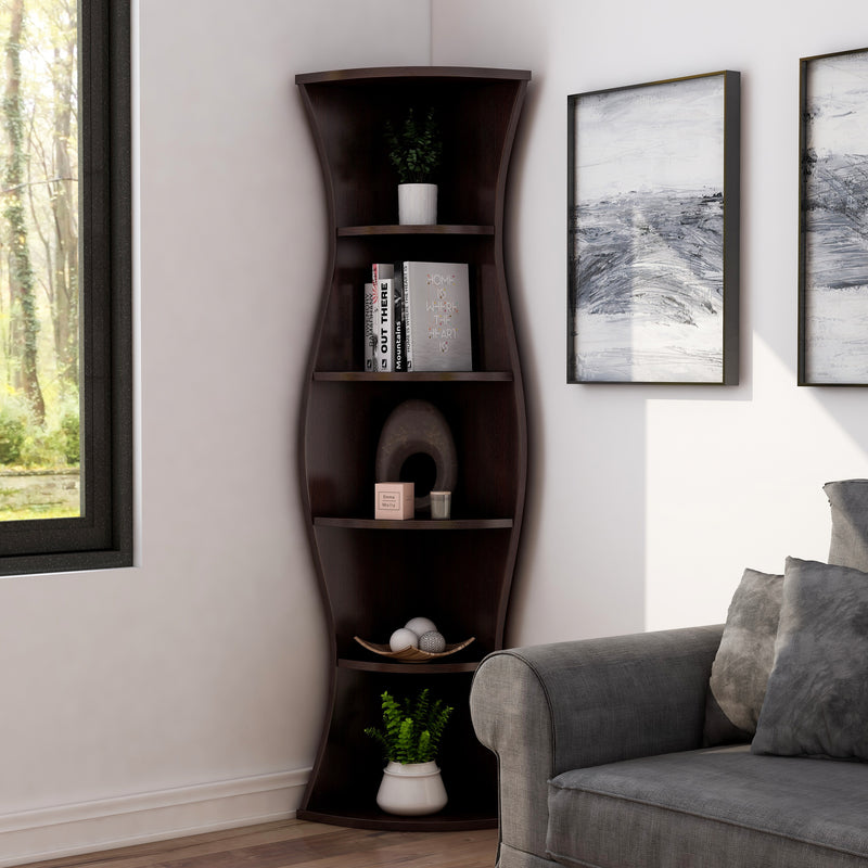 Madeena Walnut Curved 70-inch 5-Shelf Space-Saving Corner Display Case