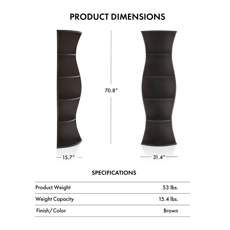 Madeena Walnut Curved 7-inch 5-Shelf Space-Saving Corner Display Case