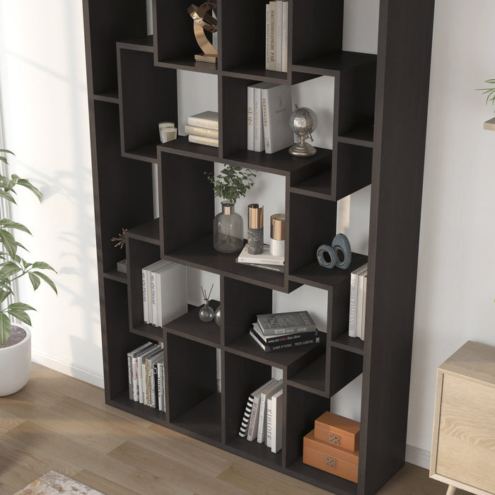 Samsin Walnut Geometric Open Back Multi-Functional 15-Shelf Bookcase
