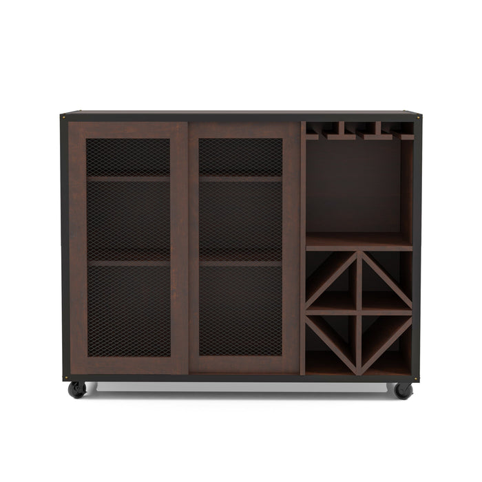 Front-facing vintage walnut wine bar cabinet against a white background. The plank-style top and side panels are frames with corner bolt accents. The wire mesh doors reveal three shelves on the left while stemware racks and a wine bottle rack are built-in on the right. The wine cabinet sits on caster wheels.