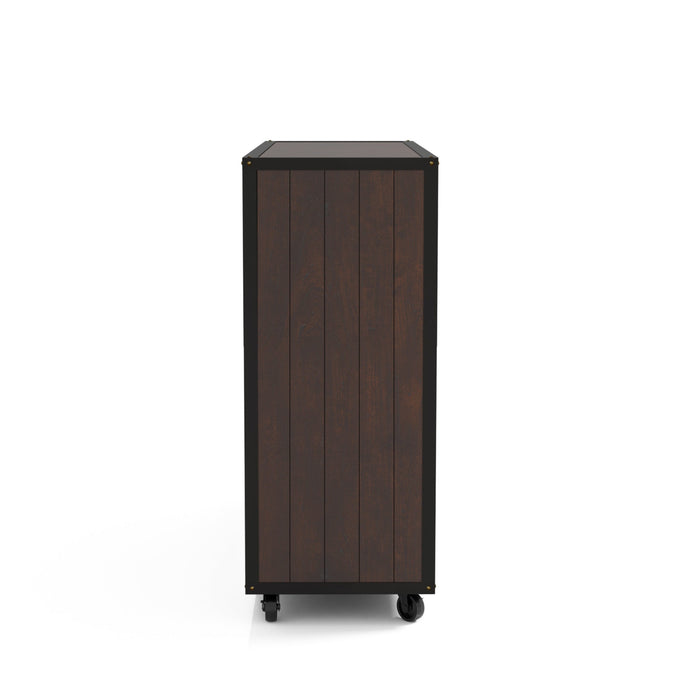 Side view of a vintage walnut wine bar cabinet against a white background. The plank-style side panel is framed with corner bolt accents.