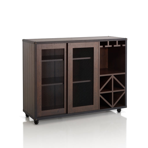 Right-angled vintage walnut wine bar cabinet against a white background. The plank-style top and side panels are frames with corner bolt accents. The wire mesh doors reveal three shelves on the left while stemware racks and a wine bottle rack are built-in on the right. The wine cabinet sits on caster wheels.