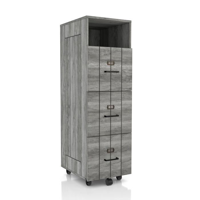 Right angled rustic distressed gray three-drawer filing cabinet with wheels on a white background