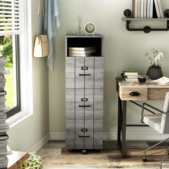 Front-facing rustic distressed gray three-drawer filing cabinet with wheels in a home office with accessories