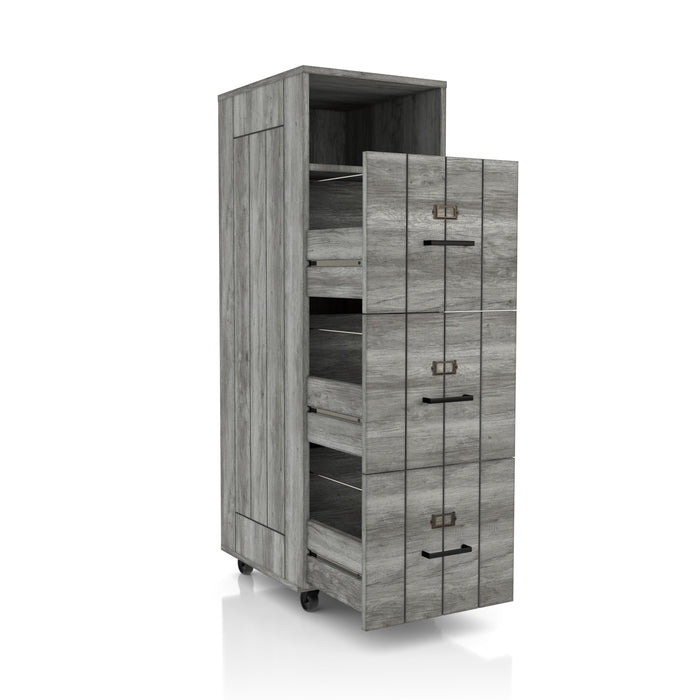 Right angled rustic distressed gray three-drawer filing cabinet with wheels and drawers open on a white background