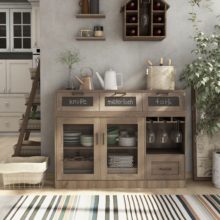 Masika Brown Buffet with Chalkboard Panel Drawers & Wire Mesh Cabinets
