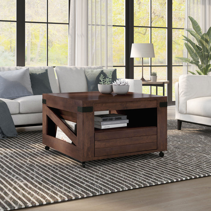 Shelley Vintage Walnut Plank-Style Multi-Storage Mobile Coffee Table