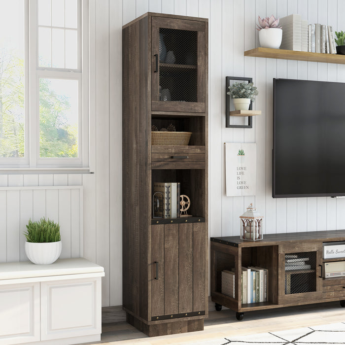 Right-angled tall, narrow farmhouse accent cabinet with one drawer, multiple shelves, and two doors in a contemporary living room with accessories