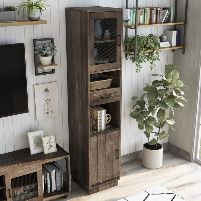 Right-angled top view tall, narrow farmhouse accent cabinet with one drawer, multiple shelves, and two doors in a contemporary living room with accessories