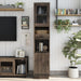 Front-facing tall, narrow farmhouse accent cabinet with one drawer, multiple shelves, and two doors in a contemporary living room with accessories