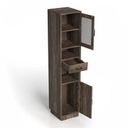 Right-angled tall, narrow farmhouse accent cabinet with one open drawer, multiple shelves, and two open doors on a white background