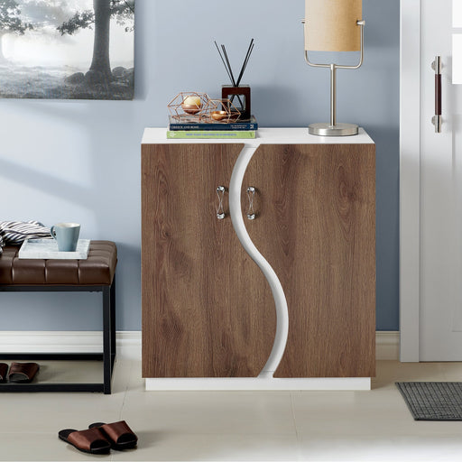 Front-facing view of contemporary white and distressed walnut shoe cabinet in foyer with accessories and lamp