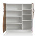 Front-facing view of contemporary white and distressed walnut shoe cabinet with curved cabinet doors opened to reveal interior shelves on white background