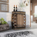Right angled rustic reclaimed oak wine cabinet in a living room with wine bottles and accessories