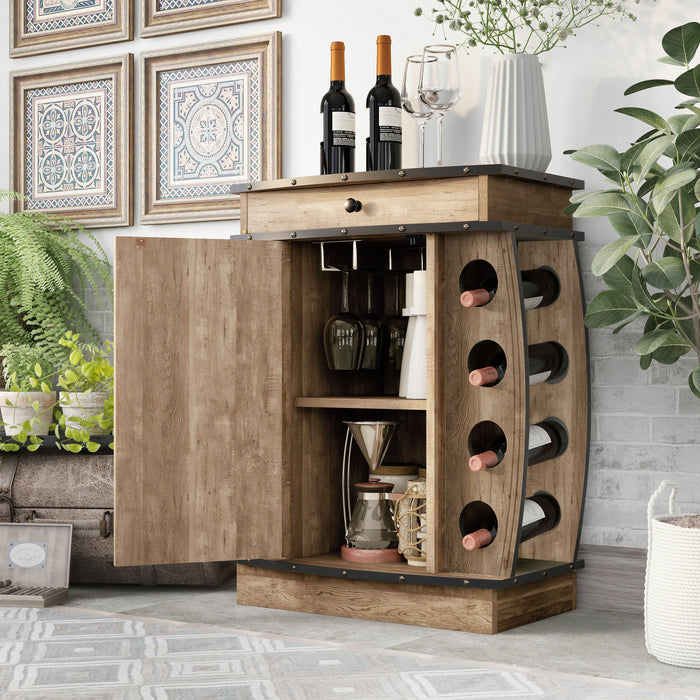 Left angled rustic reclaimed oak wine cabinet with door open in a living room with wine bottles and accessories
