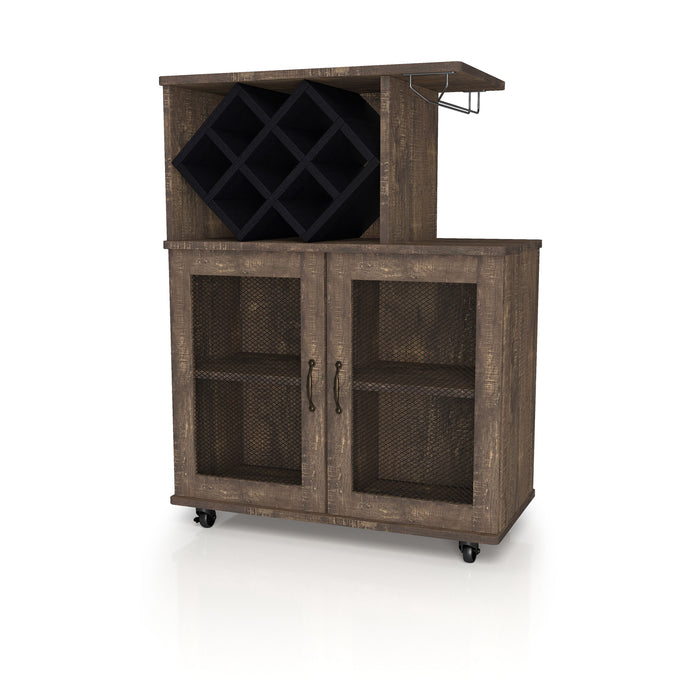 Left-angled reclaimed oak wine bar cabinet against a white background. The rustic mobile bar secures up to 7 bottles in a black lattice wine rack and wine glasses hang on the metal stemware rack. Wire mesh inserts adorn the double-door cabinet which reveals four shelves. The home bar sits on caster wheels for mobility.