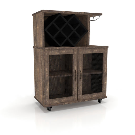 Right-angled reclaimed oak wine bar cabinet against a white background. The rustic mobile bar secures up to 7 bottles in a black lattice wine rack and wine glasses hang on the metal stemware rack. Wire mesh inserts adorn the double-door cabinet which reveals four shelves. The home bar sits on caster wheels for mobility.