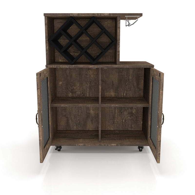 Front-facing reclaimed oak wine bar cabinet against a white background. The rustic mobile bar secures up to 7 bottles in a black lattice wine rack and wine glasses hang on the metal stemware rack. Wire mesh inserts adorn the double-door cabinet which open to reveal four shelves. The home bar sits on caster wheels for mobility.