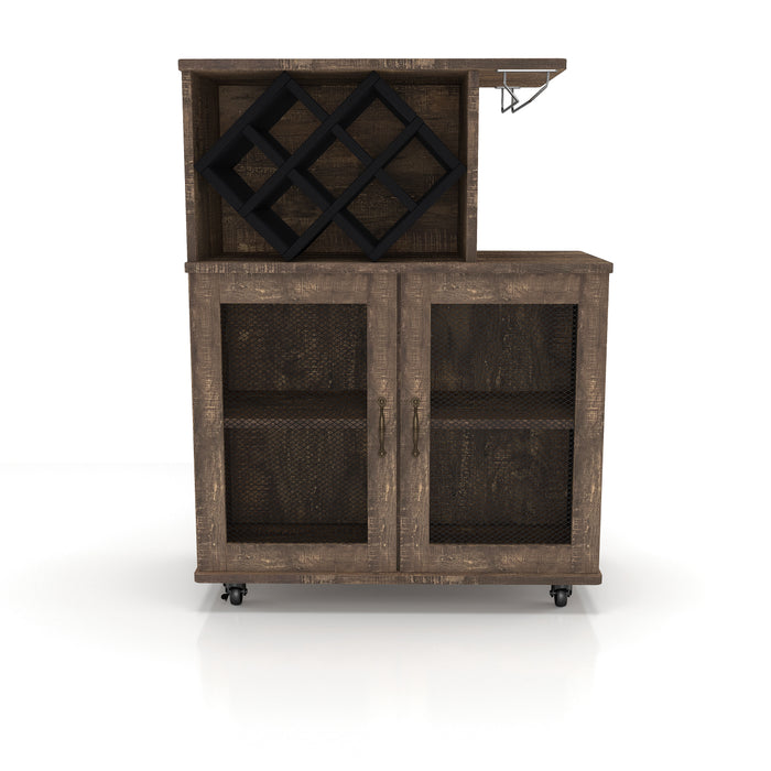 Front-facing reclaimed oak wine bar cabinet against a white background. The rustic mobile bar secures up to 7 bottles in a black lattice wine rack and wine glasses hang on the metal stemware rack. Wire mesh inserts adorn the double-door cabinet which reveals four shelves. The home bar sits on caster wheels for mobility.