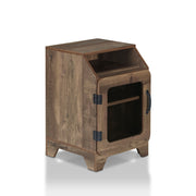 Right angled rustic reclaimed oak one-door end table on a white background
