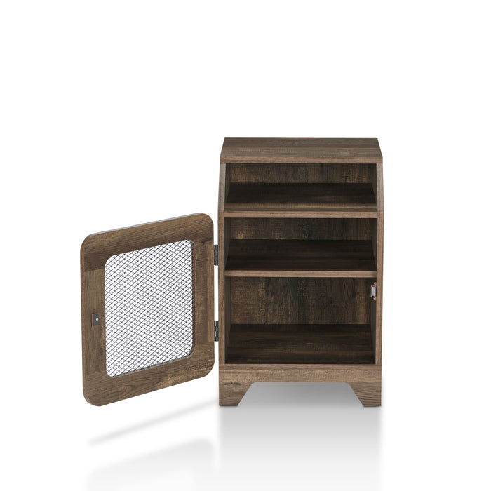 Front-facing rustic reclaimed oak one-door end table with mesh door open on a white background