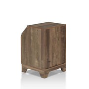 Left angled back/side view rustic reclaimed oak one-door end table on a white background
