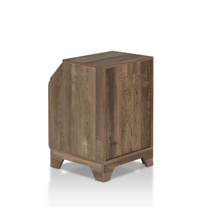 Left angled back/side view rustic reclaimed oak one-door end table on a white background