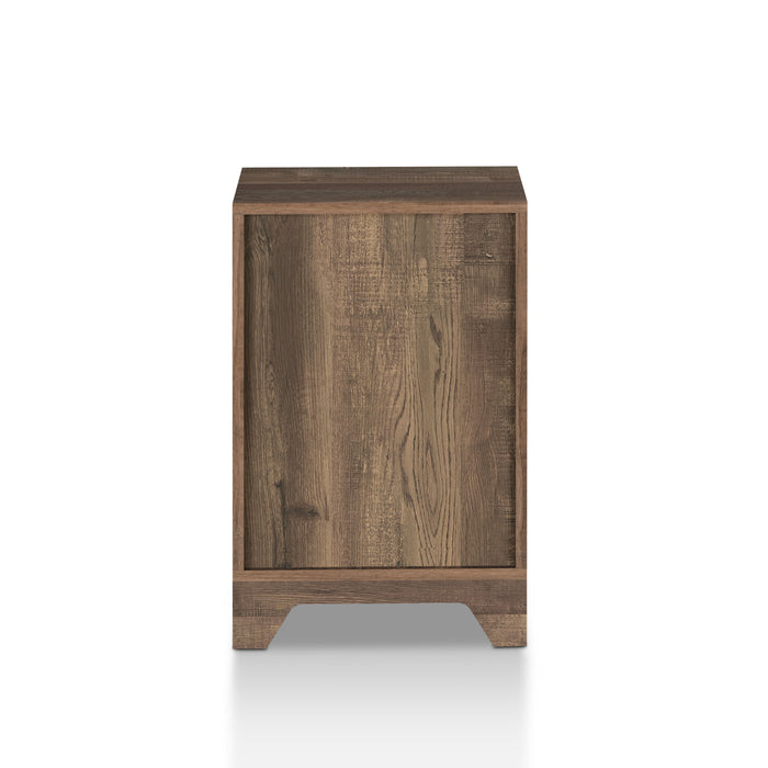 Front-facing back view rustic reclaimed oak one-door end table on a white background