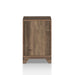 Front-facing back view rustic reclaimed oak one-door end table on a white background