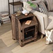 Right angled top view rustic reclaimed oak one-door end table in a living room with accessories