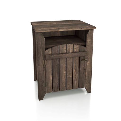 Right-angled modern farmhouse side table with a reclaimed oak finish, two shelves and gate-style door on a white background