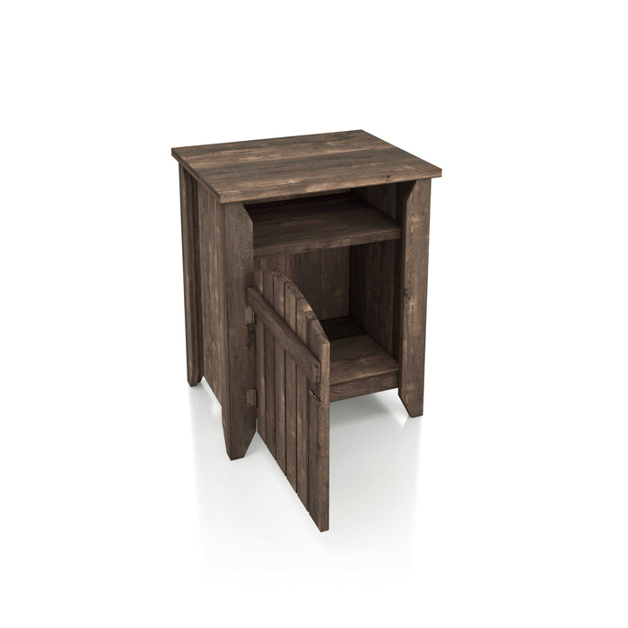 Right-angled modern farmhouse side table with a reclaimed oak finish, two shelves and an open gate-style door on a white background
