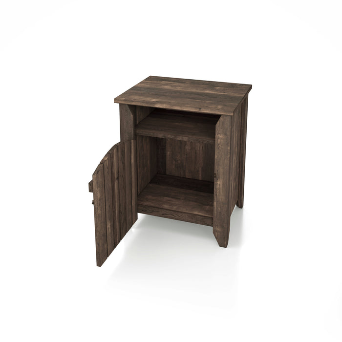 Left-angled modern farmhouse side table with a reclaimed oak finish, two shelves and an open gate-style door on a white background