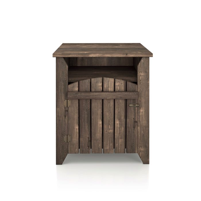 Front-facing modern farmhouse side table with a reclaimed oak finish, two shelves and gate-style door on a white background