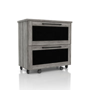 Right-facing rustic vintage gray oak finish file cabinet on a white background. Chalk front drawers and caster wheels offer added convenience.